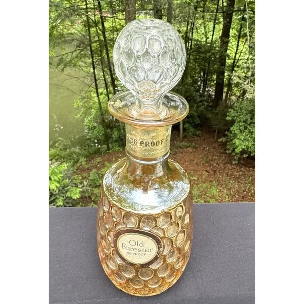 Vtg OLD FORESTER Whiskey Glass Decanter Marigold Iridescent 10.5 Thumbprint A77